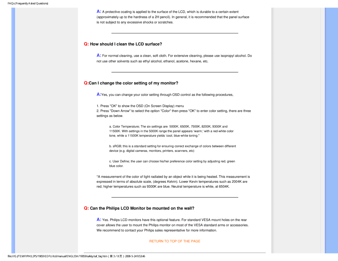 Philips 190S9 user manual How should I clean the LCD surface?, QCan I change the color setting of my monitor? 