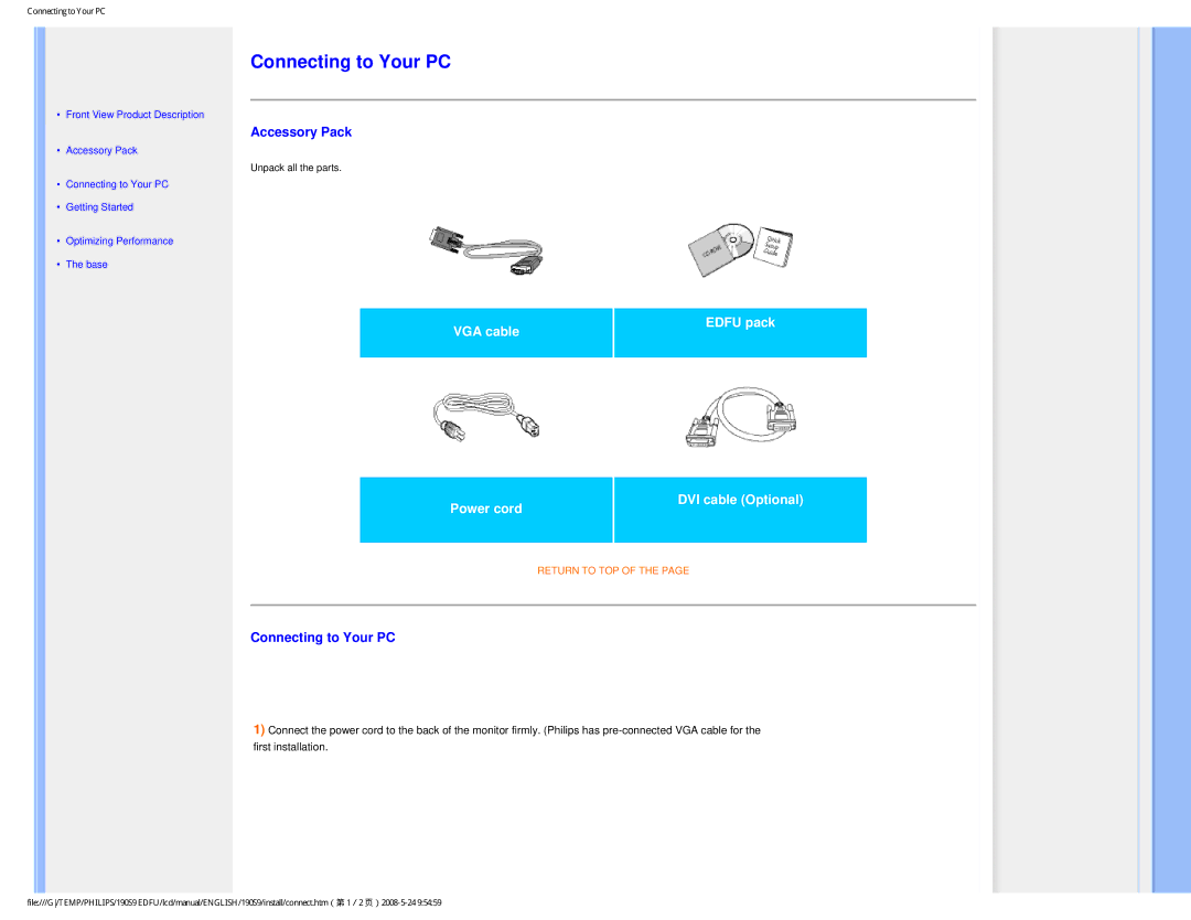 Philips 190S9 user manual Accessory Pack, Connecting to Your PC 