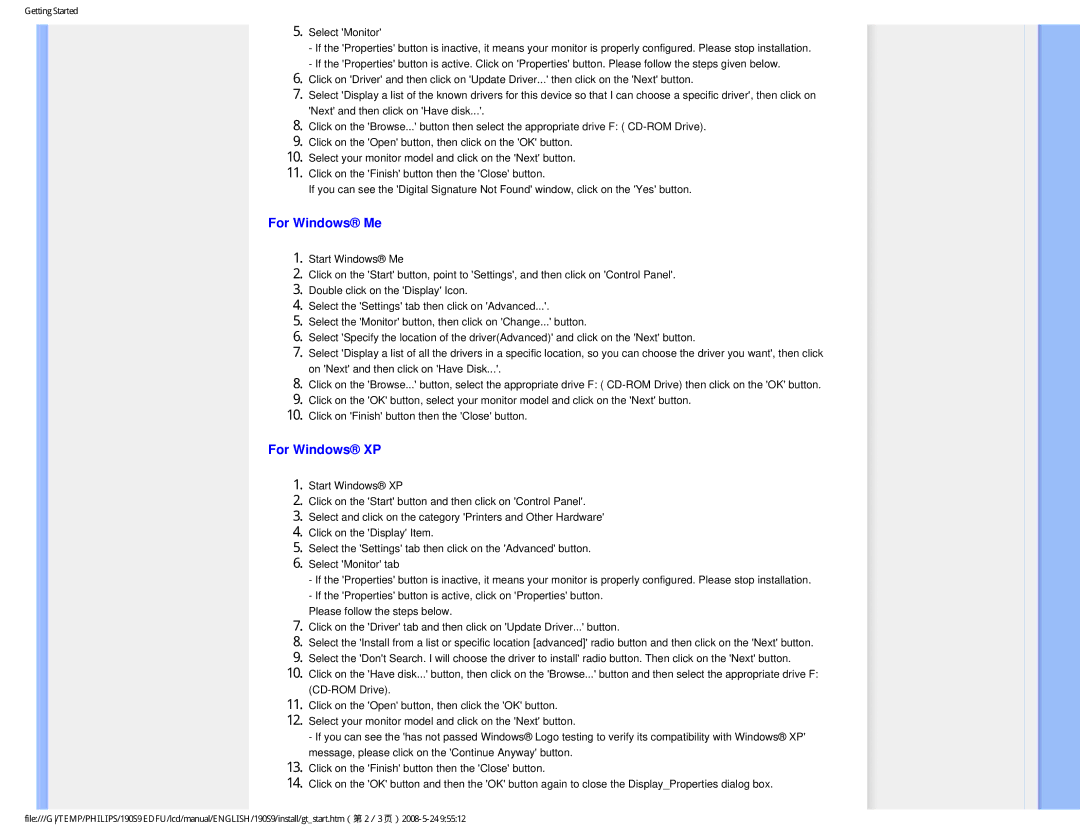 Philips 190S9 user manual For Windows Me 