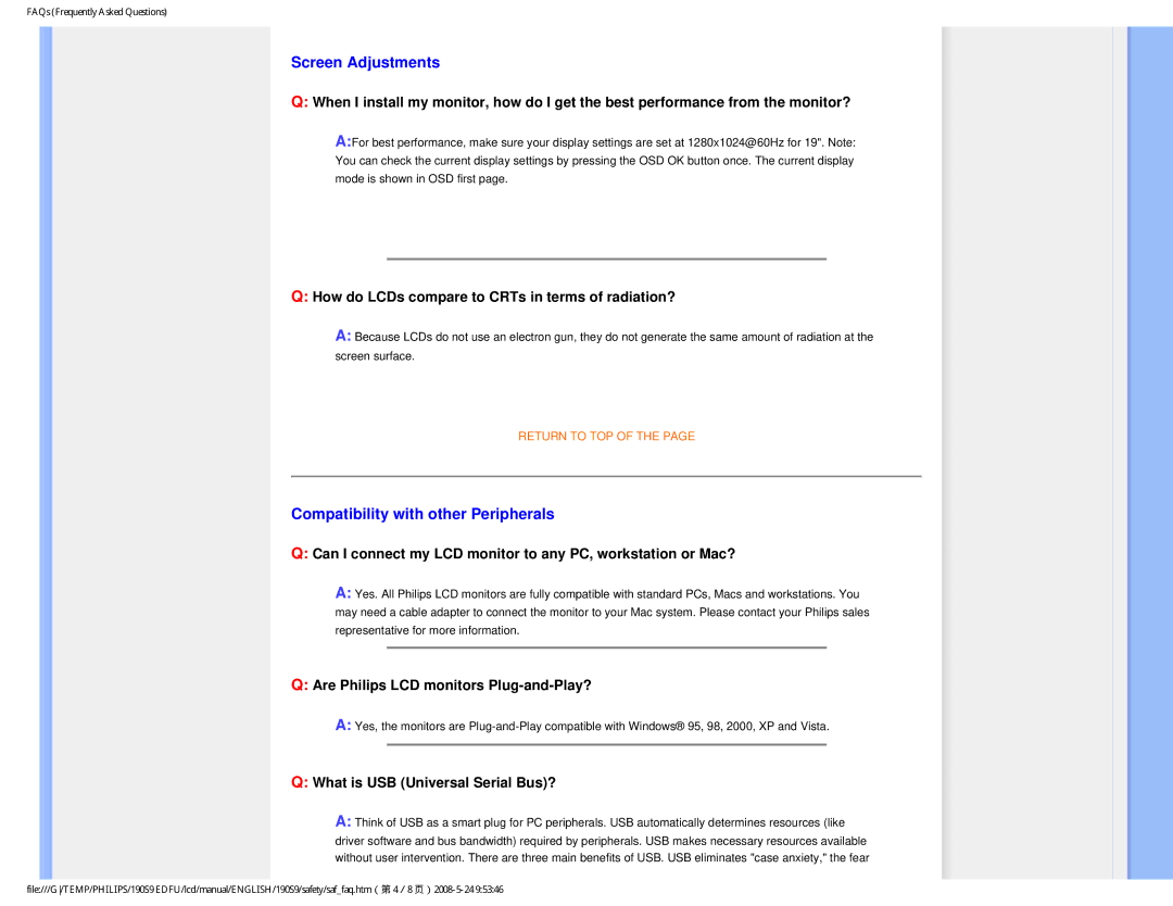 Philips 190S9 user manual Screen Adjustments, Compatibility with other Peripherals 