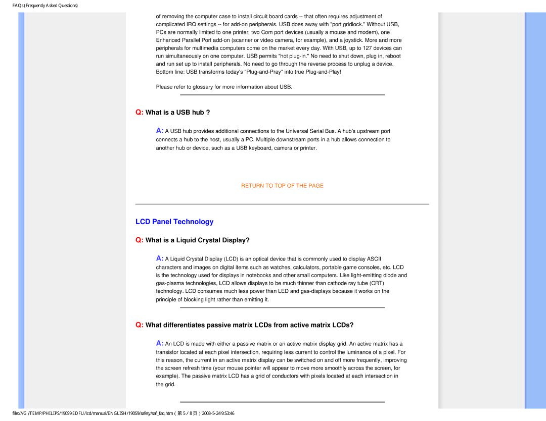 Philips 190S9 user manual LCD Panel Technology, What is a USB hub ?, What is a Liquid Crystal Display? 