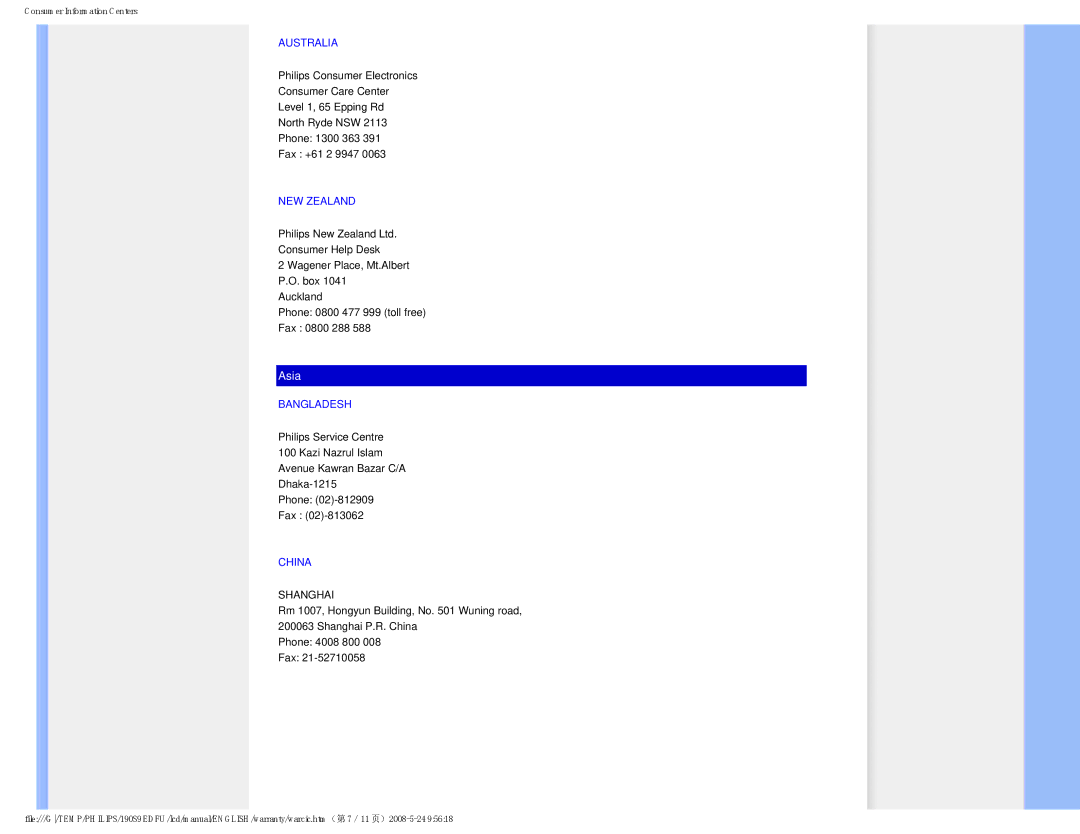 Philips 190S9 user manual Australia, NEW Zealand, Bangladesh, China 