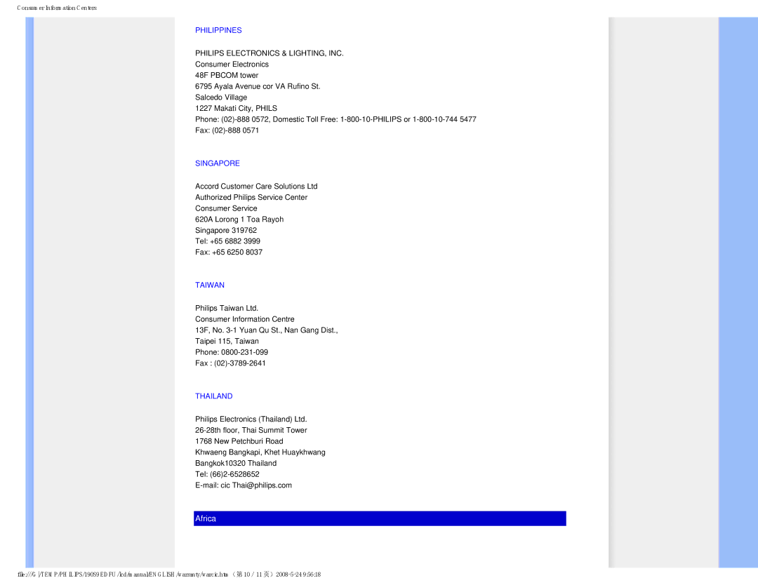 Philips 190S9 user manual Philippines, Singapore, Taiwan, Thailand 