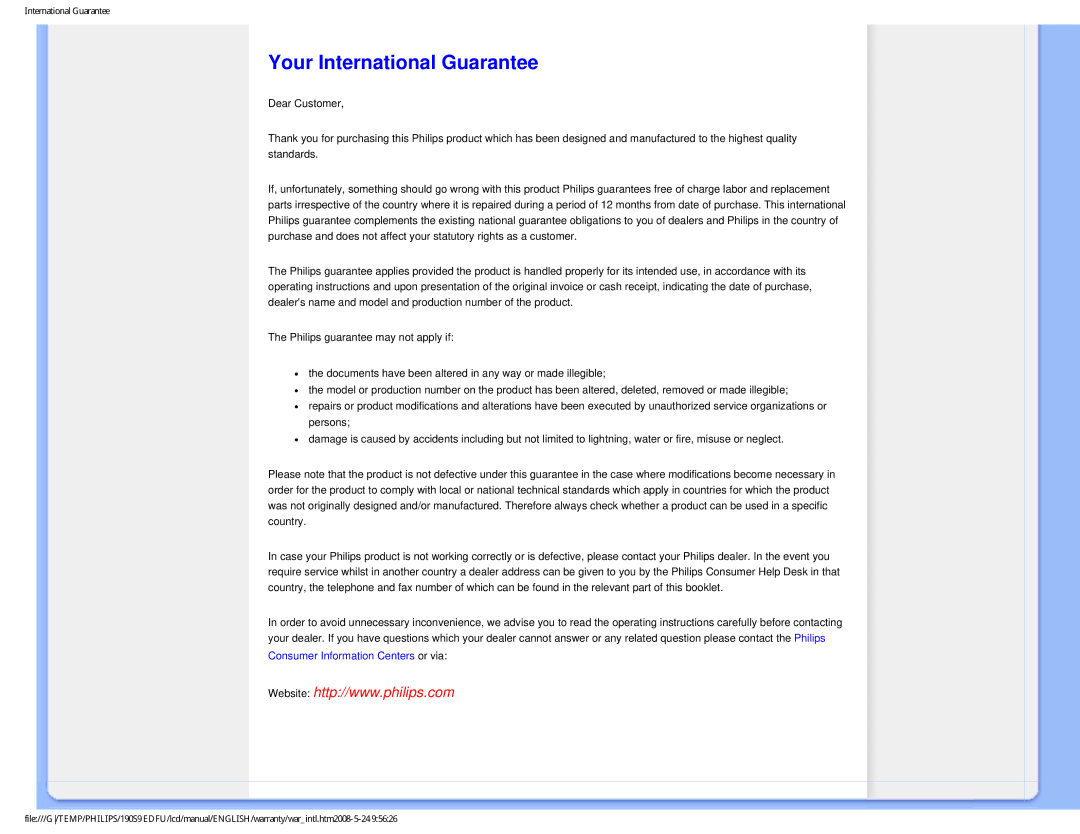 Philips 190S9 user manual Your International Guarantee 