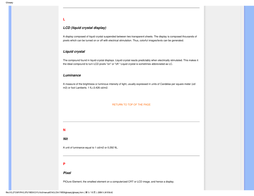 Philips 190S9 user manual LCD liquid crystal display, Liquid crystal, Luminance, Nit, Pixel 