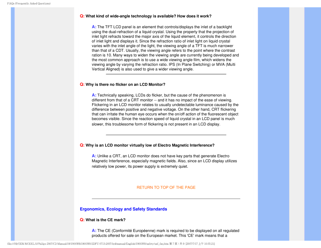Philips 190SW8 Ergonomics, Ecology and Safety Standards, Why is there no flicker on an LCD Monitor?, What is the CE mark? 