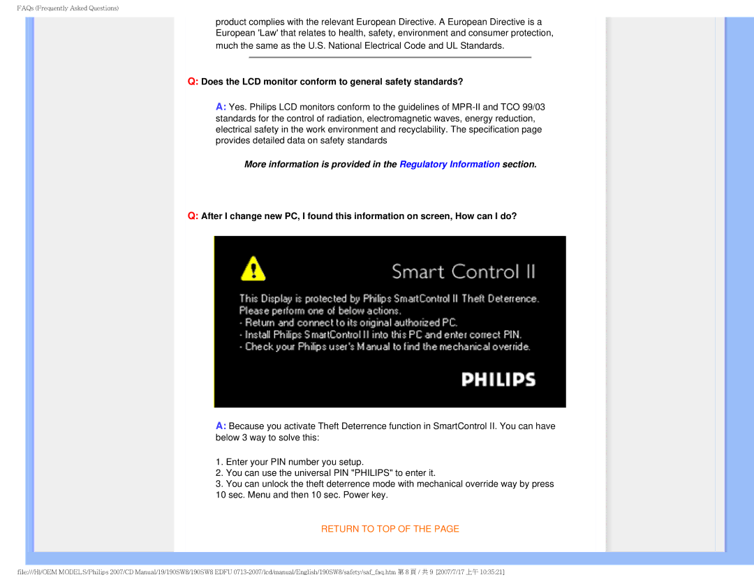 Philips 190SW8 user manual Does the LCD monitor conform to general safety standards? 