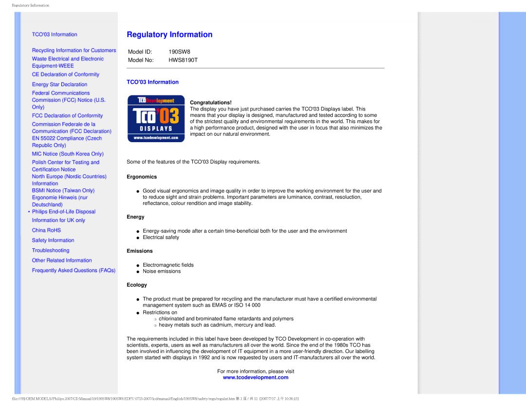 Philips 190SW8 user manual Regulatory Information, TCO03 Information 