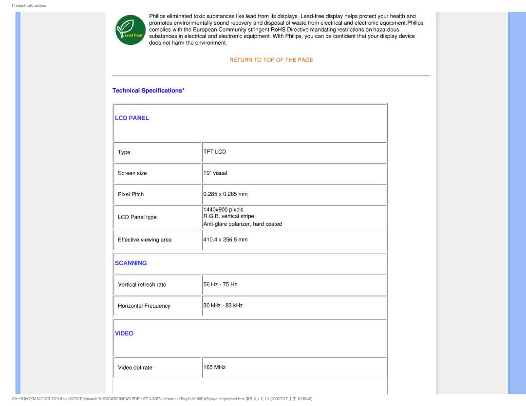 Philips 190SW8 user manual Technical Specifications, LCD Panel 