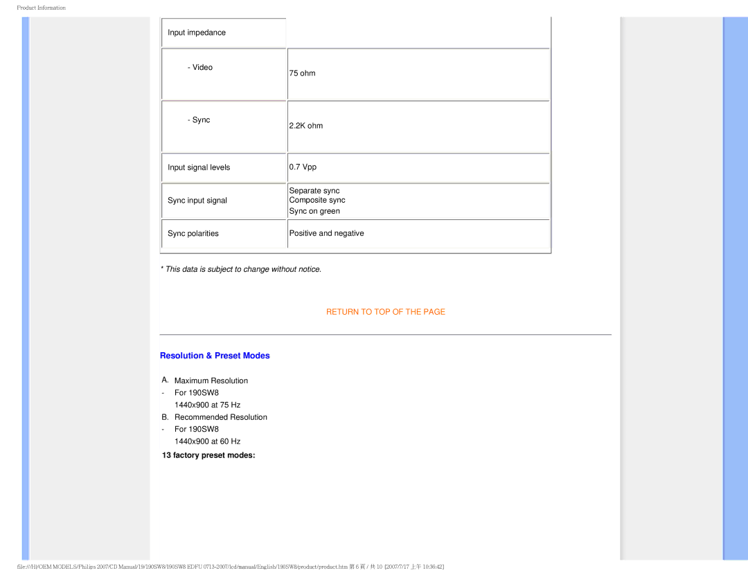 Philips 190SW8 user manual Resolution & Preset Modes, Factory preset modes 