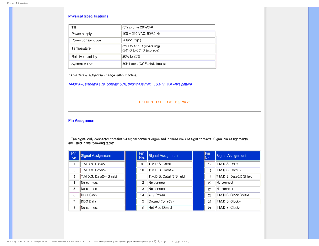 Philips 190SW8 user manual Physical Specifications, Pin Assignment 