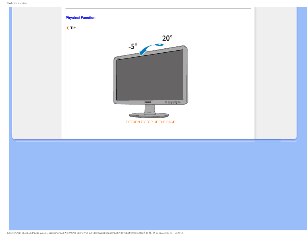 Philips 190SW8 user manual Physical Function, Tilt 