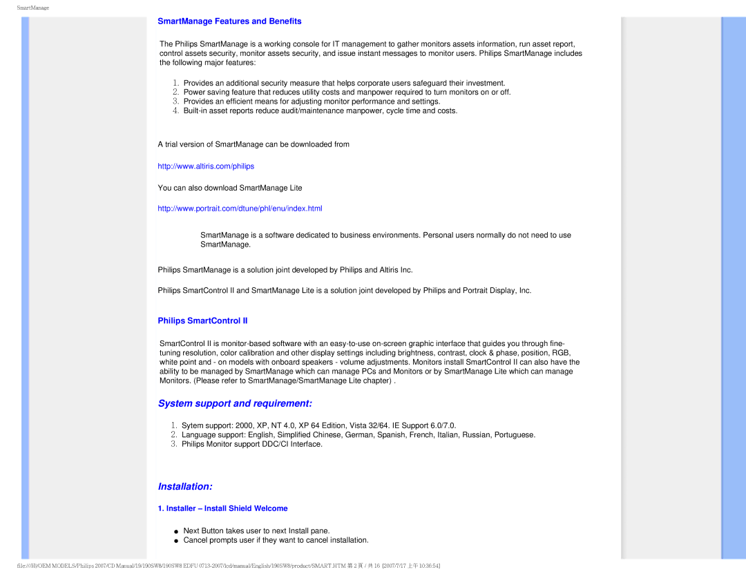 Philips 190SW8 user manual SmartManage Features and Benefits, Philips SmartControl, Installer Install Shield Welcome 