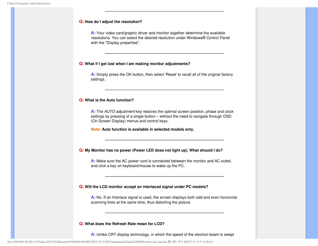 Philips 190SW8 user manual How do I adjust the resolution?, What if I get lost when I am making monitor adjustments? 