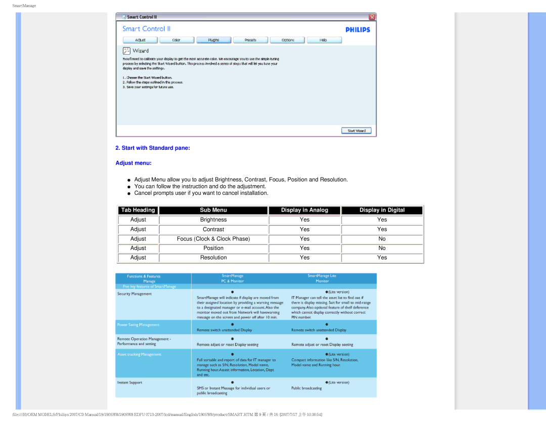 Philips 190SW8 user manual Start with Standard pane Adjust menu, Display in Digital 