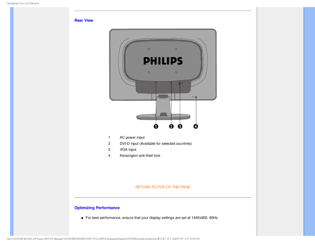 Philips 190SW8 user manual Rear View 