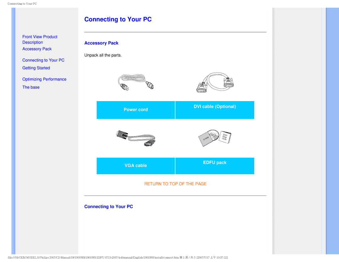 Philips 190SW8 user manual Connecting to Your PC, Accessory Pack 