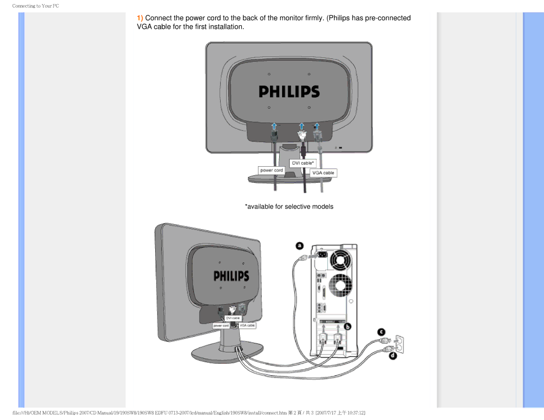 Philips 190SW8 user manual Available for selective models 