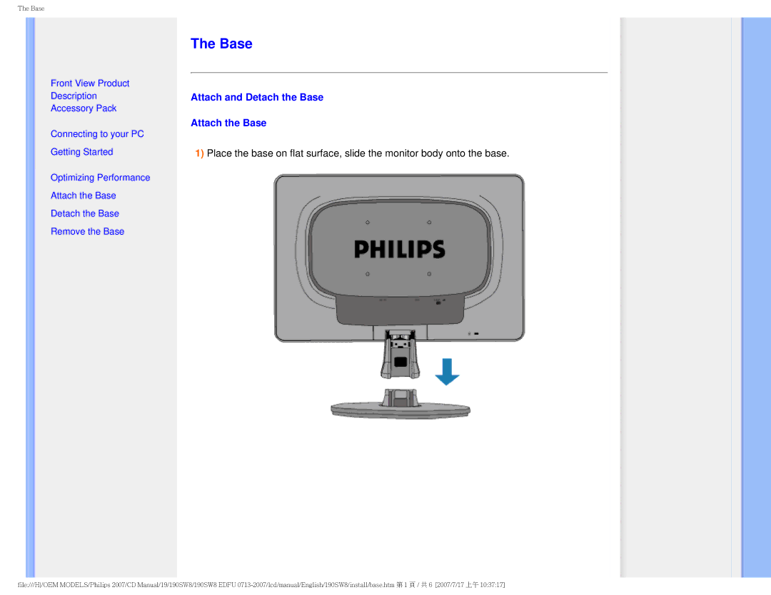 Philips 190SW8 user manual Attach and Detach the Base Attach the Base 