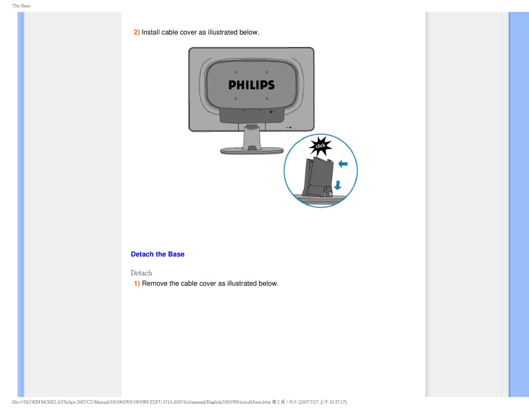 Philips 190SW8 user manual Detach the Base, Detach Remove the cable cover as illustrated below 