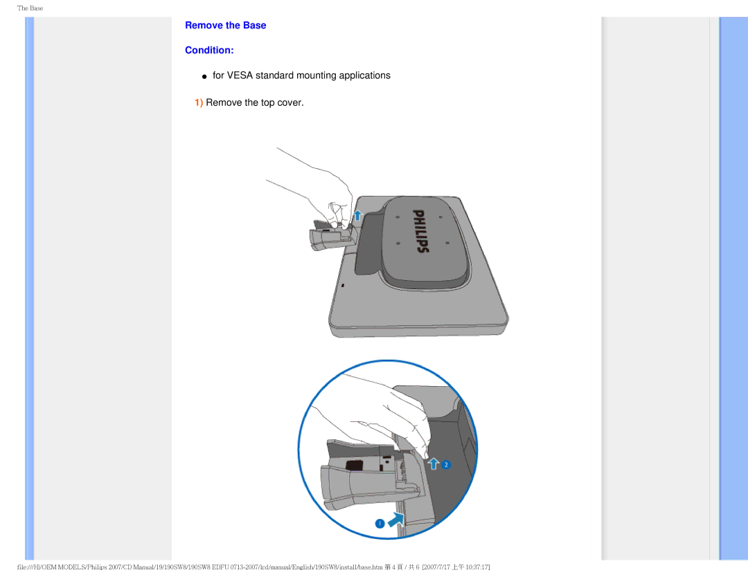 Philips 190SW8 user manual Remove the Base Condition 