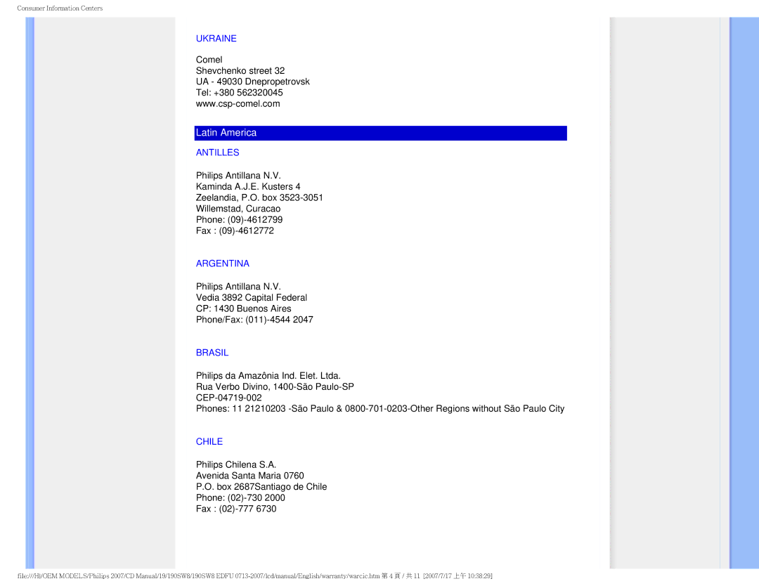 Philips 190SW8 user manual Ukraine, Antilles, Argentina, Brasil, Chile 