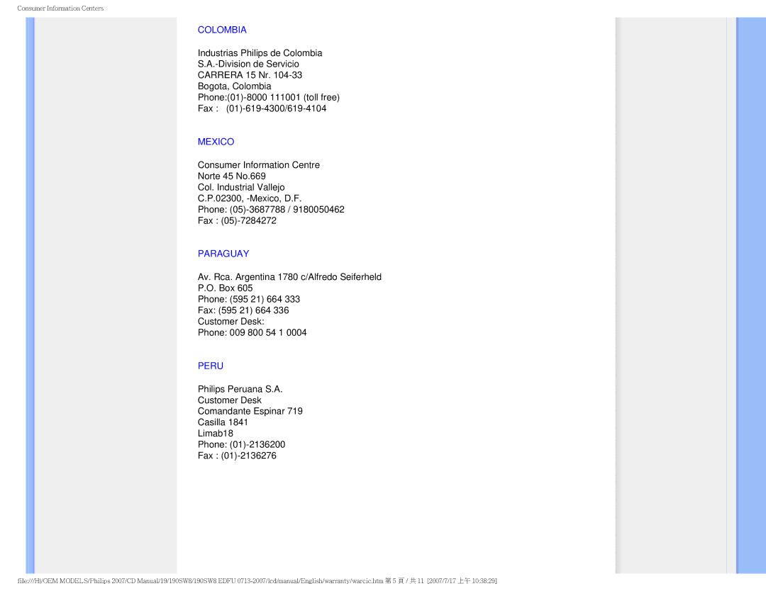 Philips 190SW8 user manual Colombia, Mexico, Paraguay, Peru 