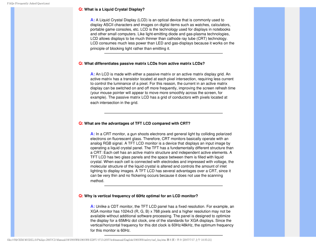 Philips 190SW8 user manual What is a Liquid Crystal Display?, What are the advantages of TFT LCD compared with CRT? 