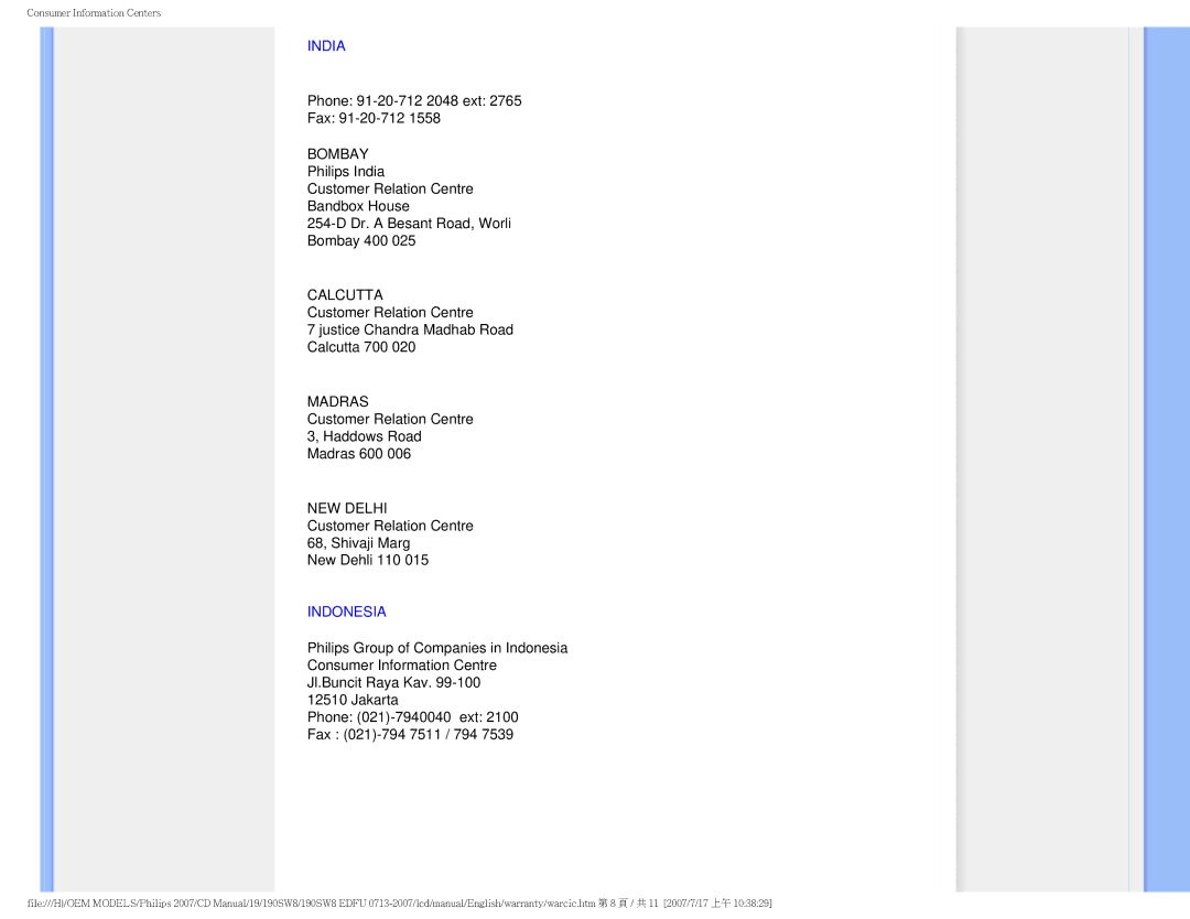 Philips 190SW8 user manual India, Indonesia 