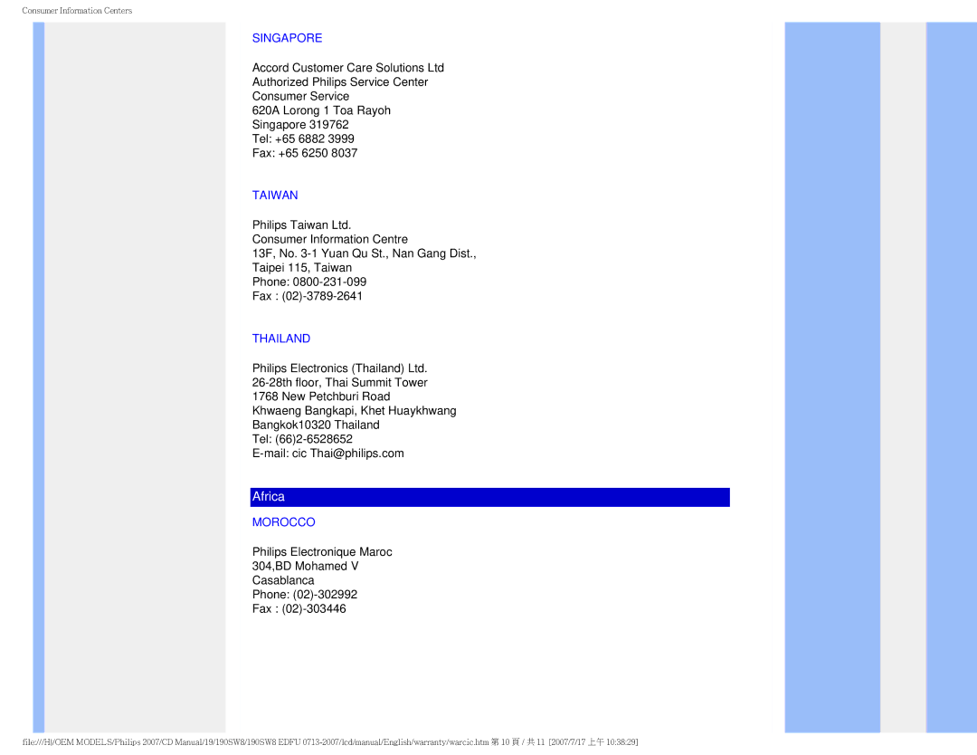 Philips 190SW8 user manual Singapore, Taiwan, Thailand, Morocco 