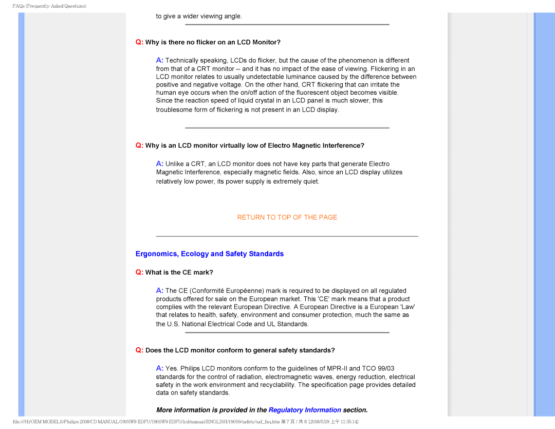 Philips 190SW9 Ergonomics, Ecology and Safety Standards, Why is there no flicker on an LCD Monitor?, What is the CE mark? 