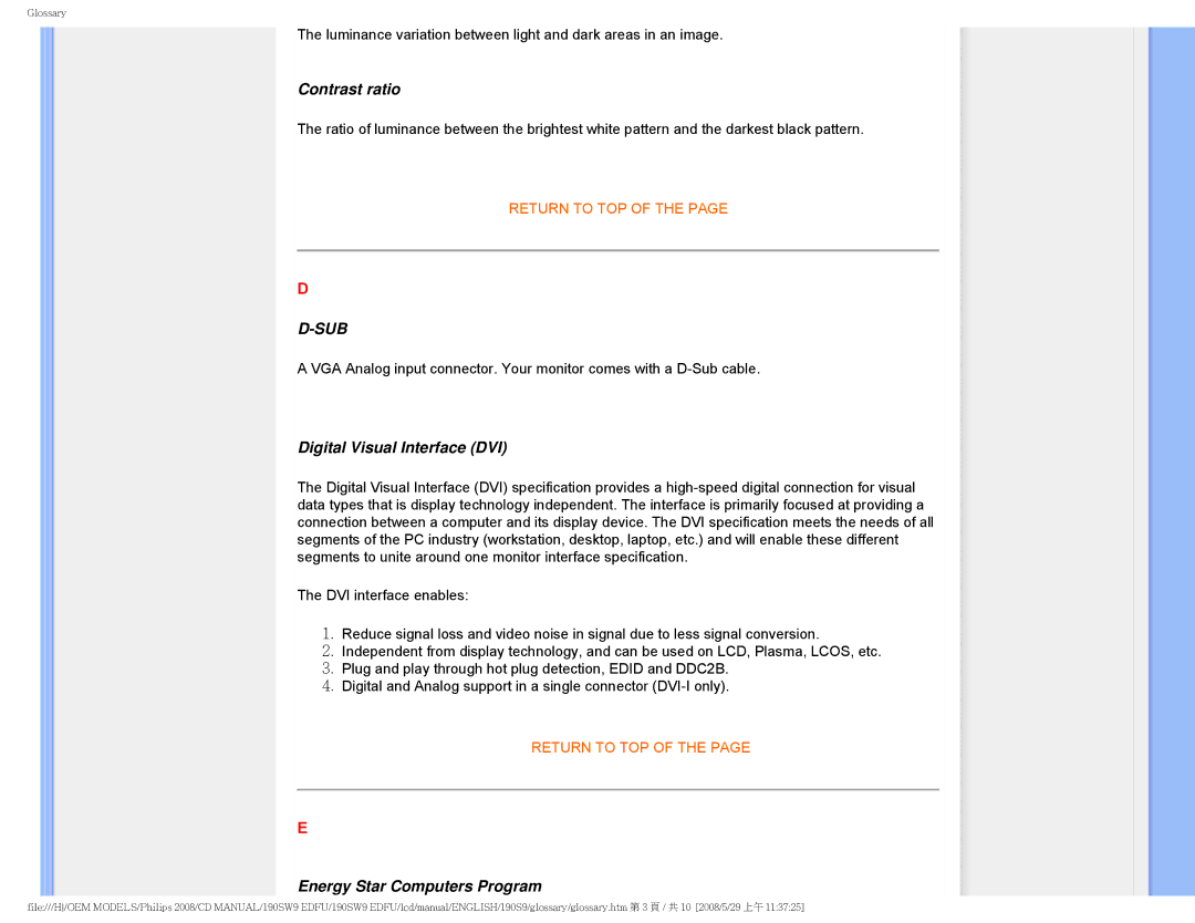 Philips 190SW9 user manual Contrast ratio, Digital Visual Interface DVI, Energy Star Computers Program 
