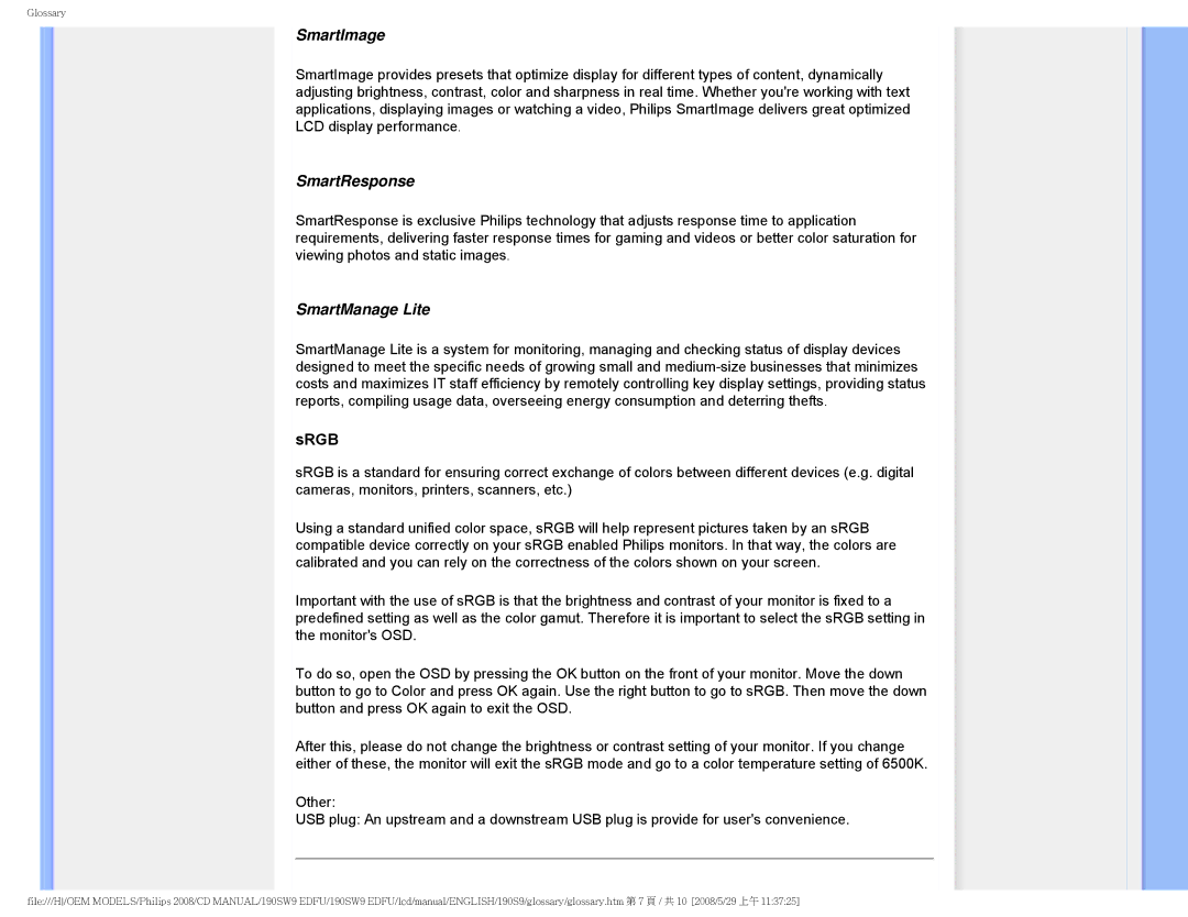 Philips 190SW9 user manual SmartImage, SmartResponse, SmartManage Lite 