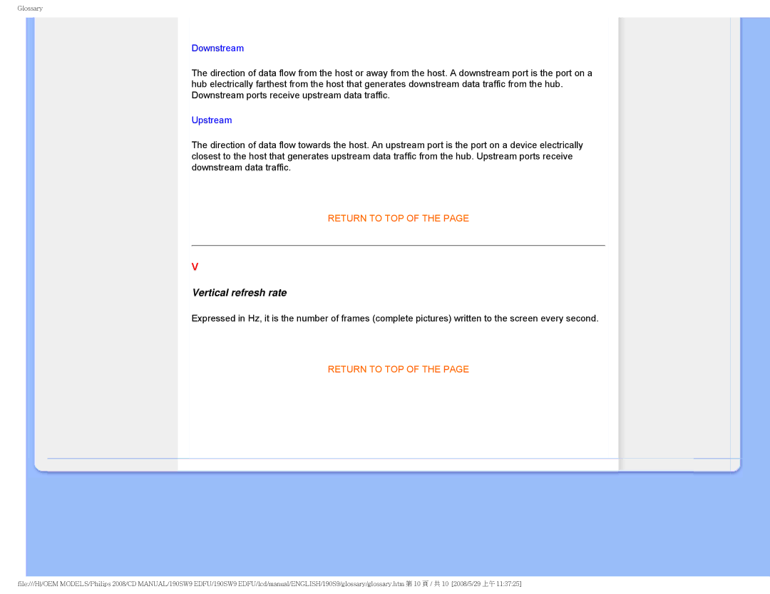 Philips 190SW9 user manual Vertical refresh rate, Downstream 