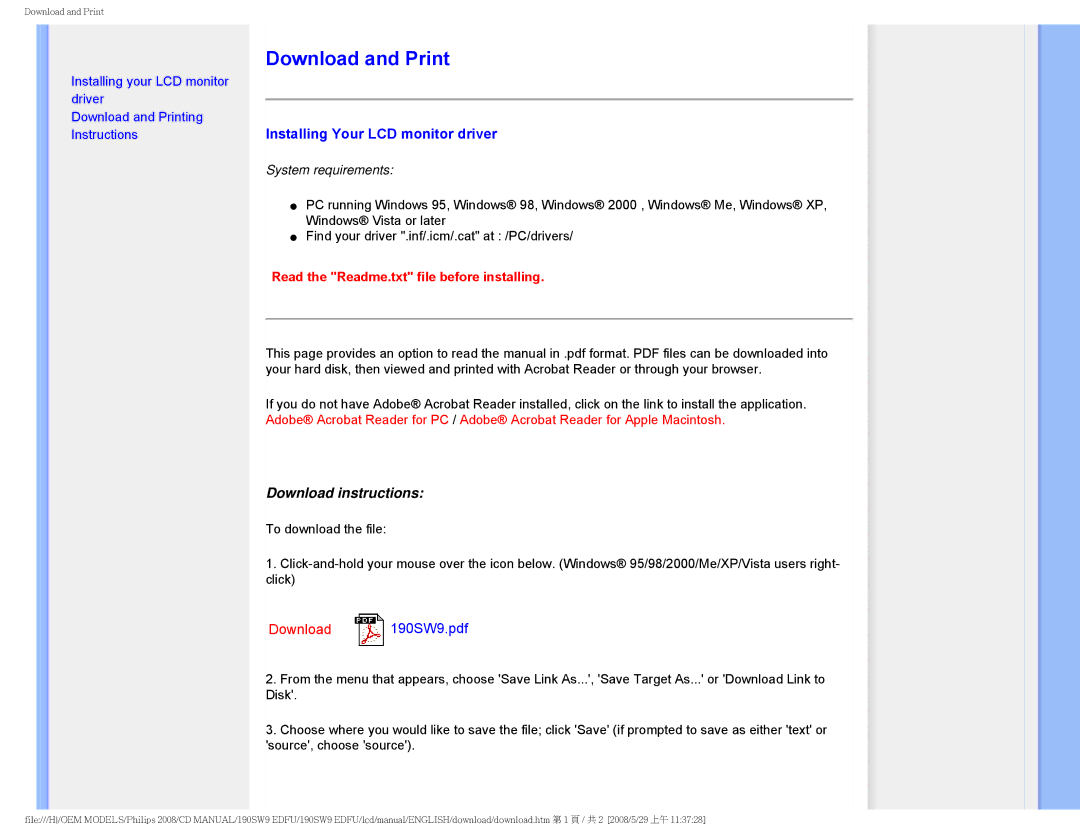 Philips 190SW9 user manual Download and Print, Installing Your LCD monitor driver, Download instructions 