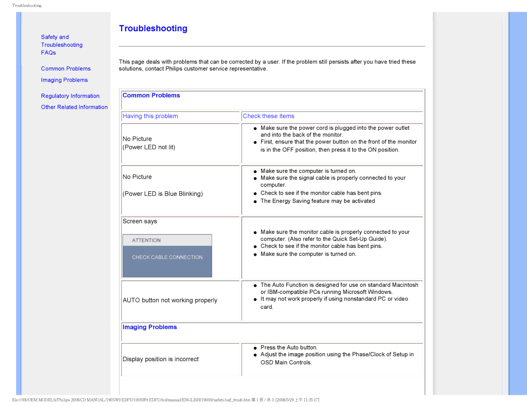 Philips 190SW9 user manual Troubleshooting, Common Problems 