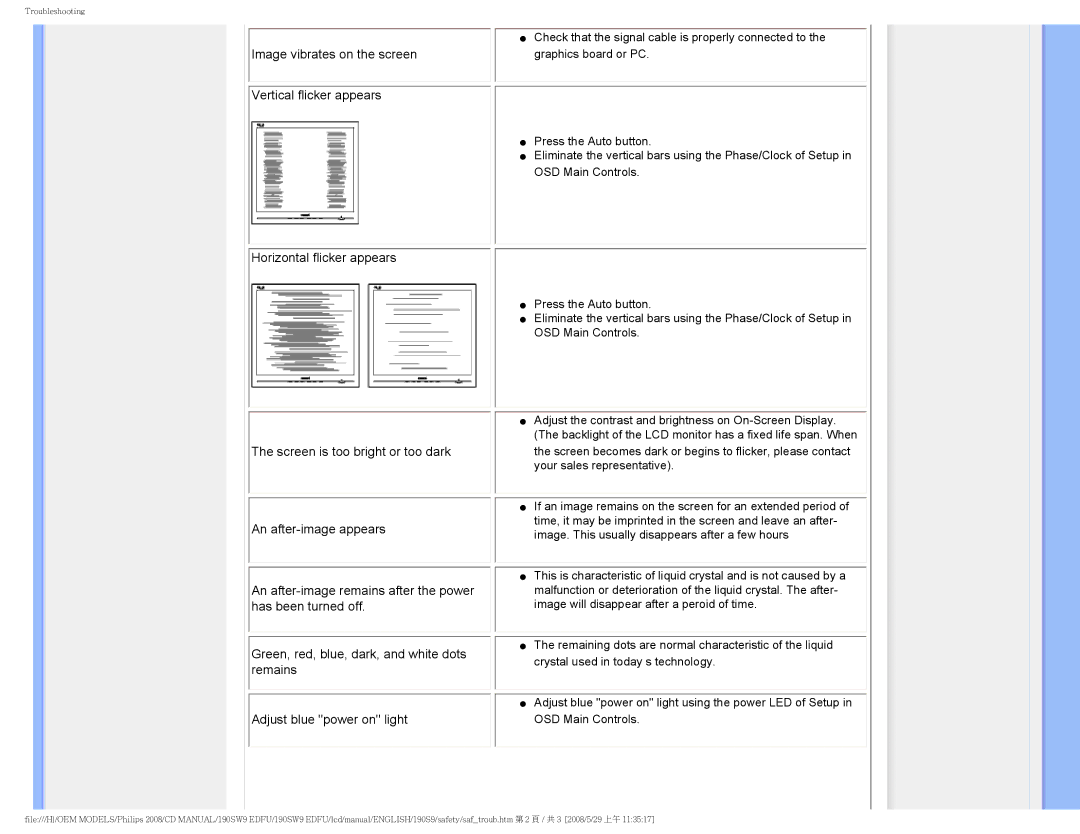 Philips 190SW9 user manual Image vibrates on the screen 