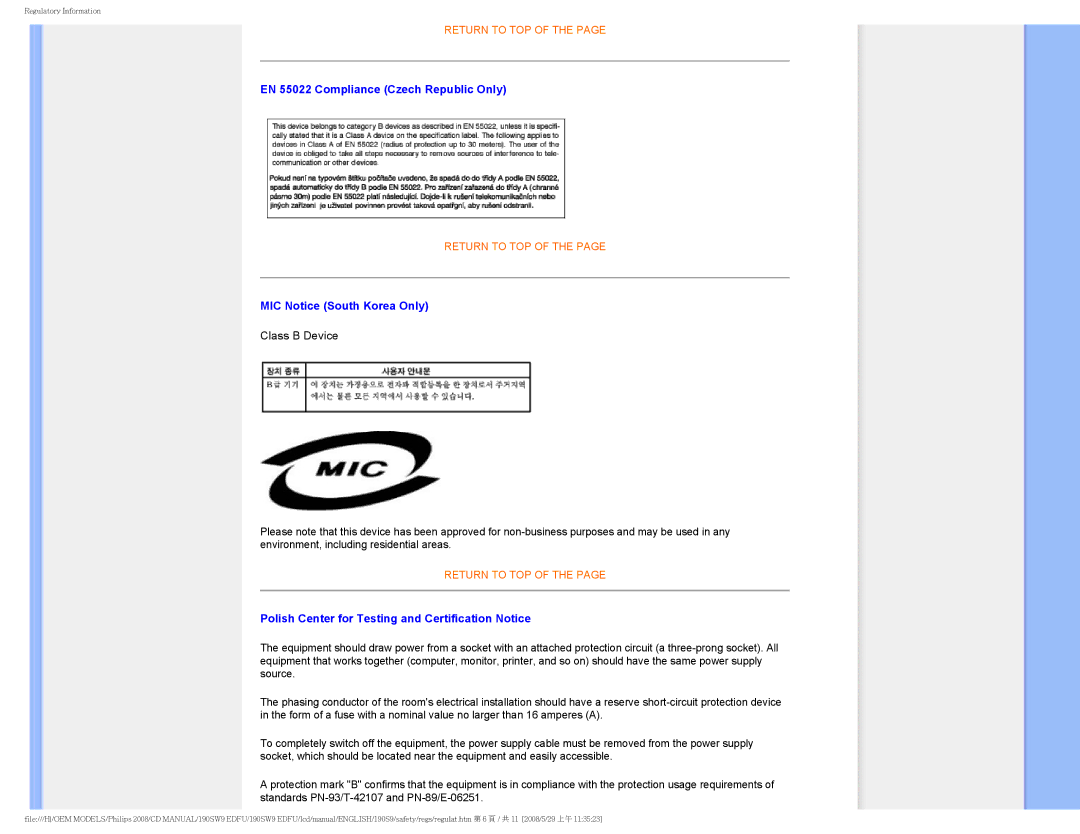 Philips 190SW9 user manual EN 55022 Compliance Czech Republic Only, MIC Notice South Korea Only 