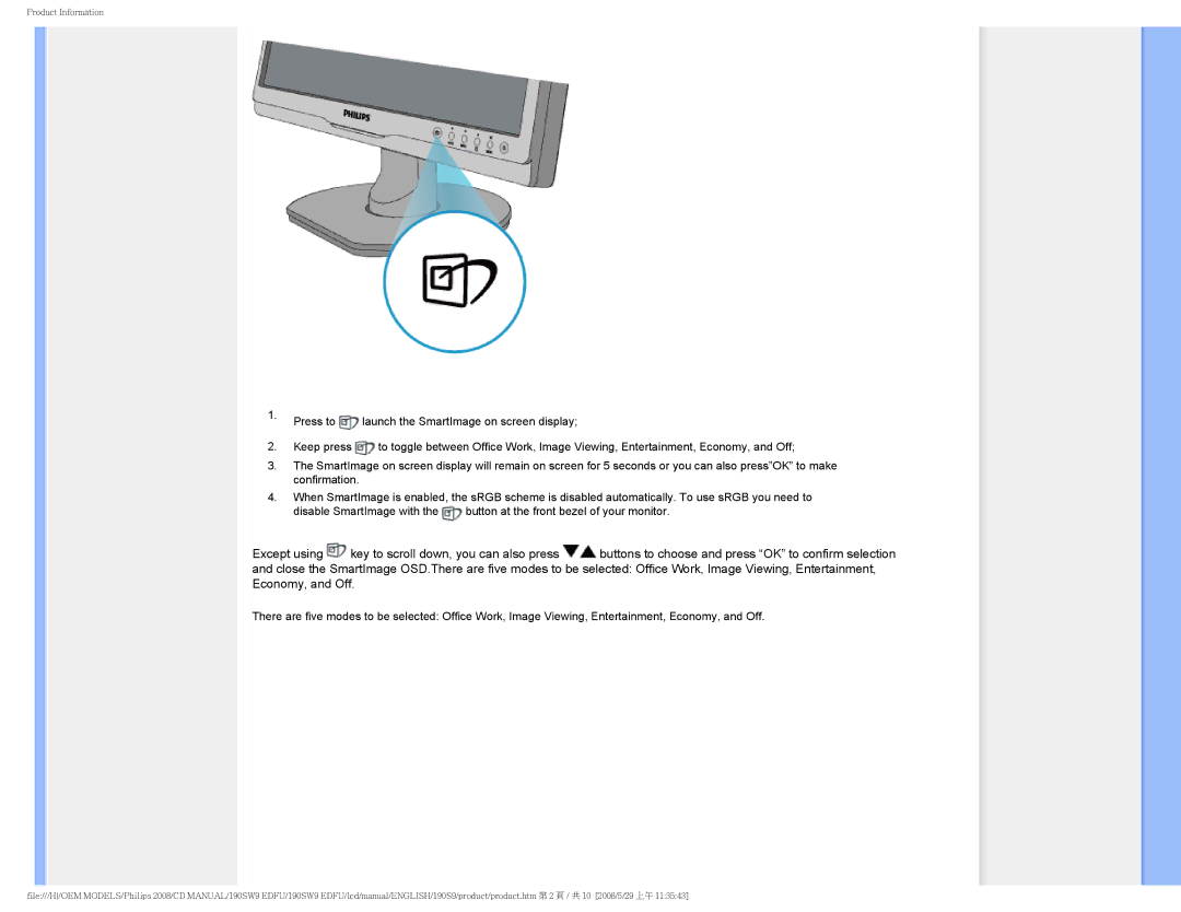 Philips 190SW9 user manual Product Information 