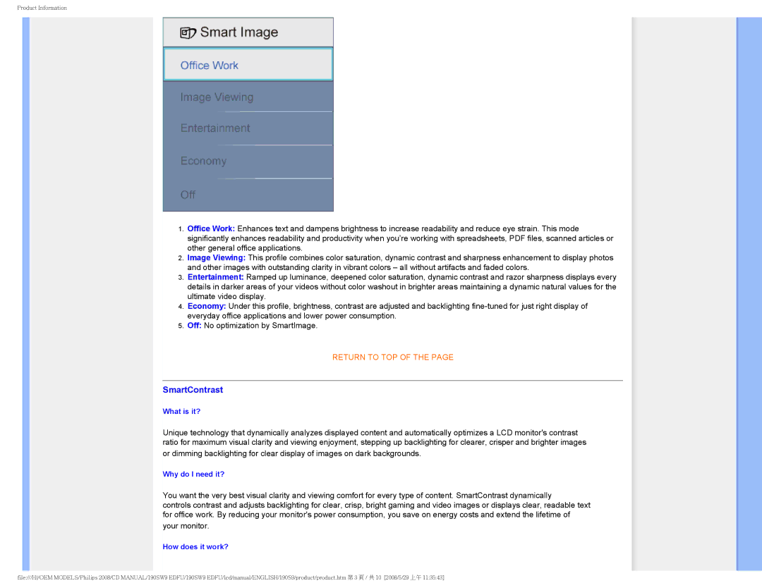 Philips 190SW9 user manual SmartContrast, How does it work? 