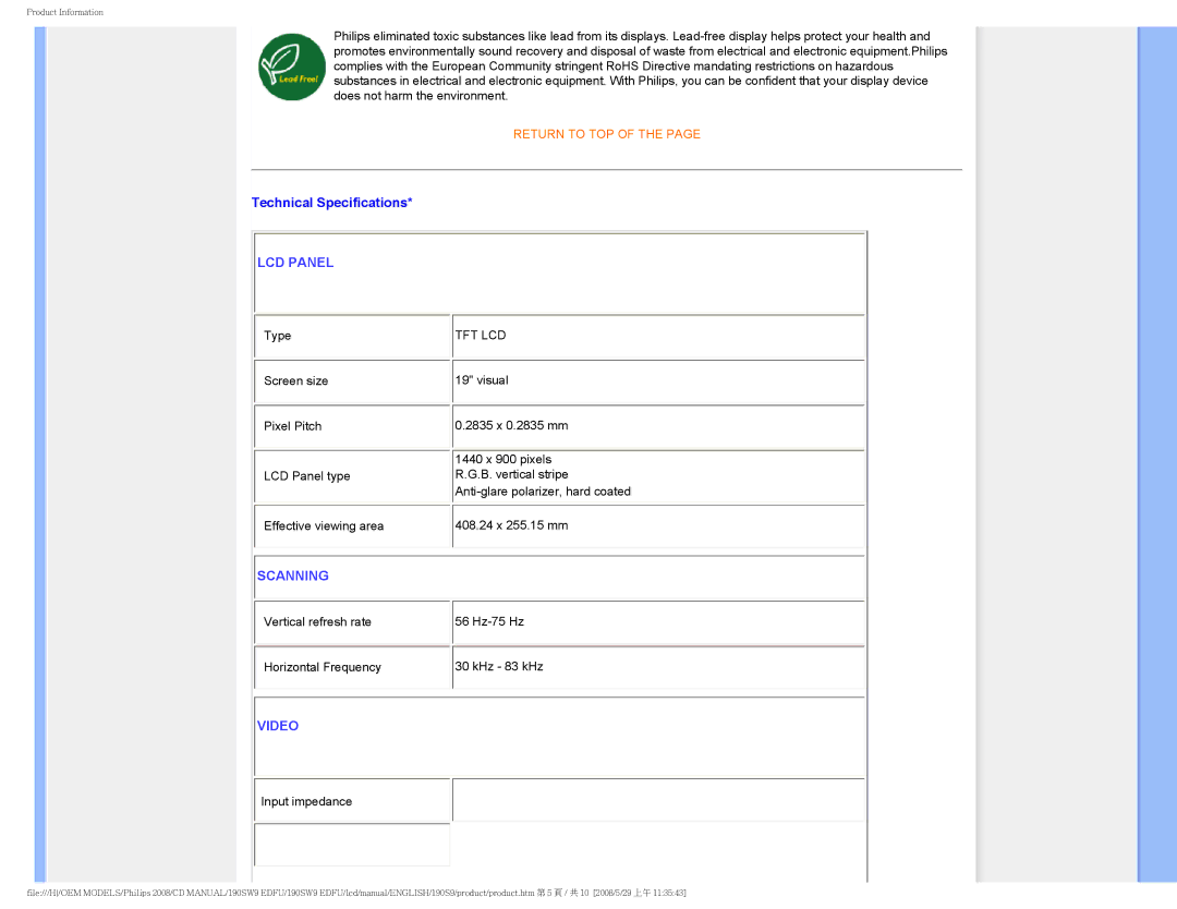 Philips 190SW9 user manual Technical Specifications, LCD Panel 