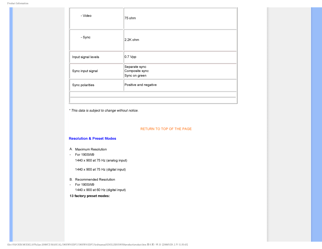 Philips 190SW9 user manual Resolution & Preset Modes, Factory preset modes 