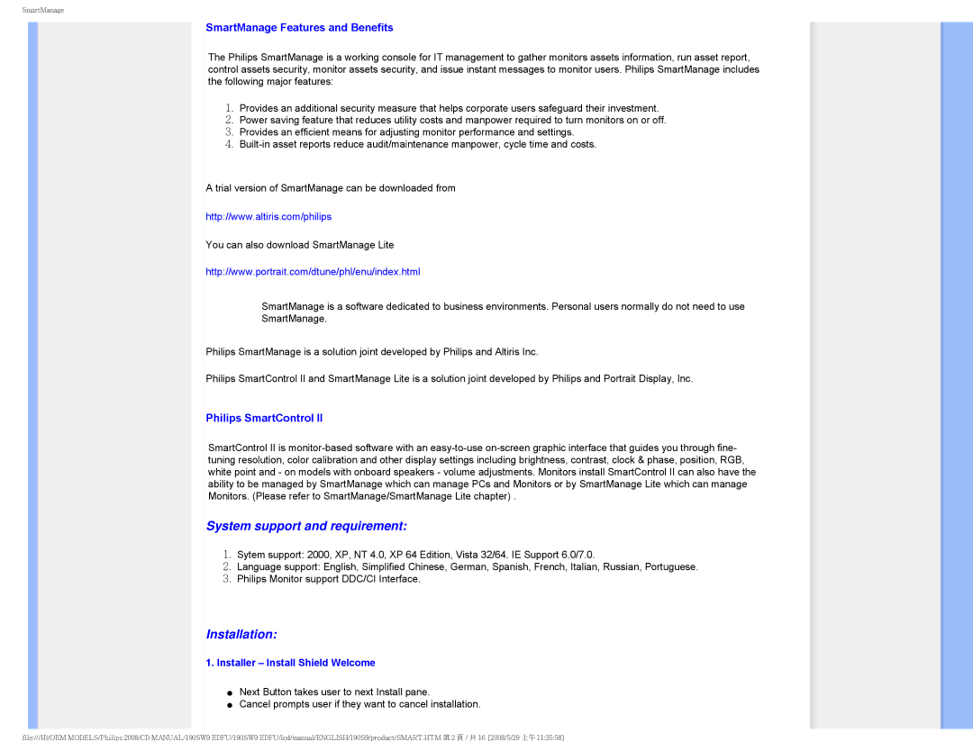 Philips 190SW9 user manual SmartManage Features and Benefits, Philips SmartControl, Installer Install Shield Welcome 