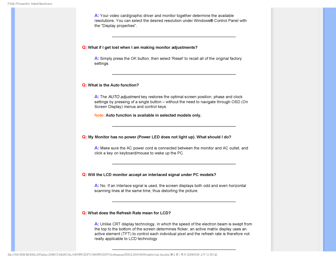 Philips 190SW9 user manual What if I get lost when I am making monitor adjustments?, What is the Auto function? 