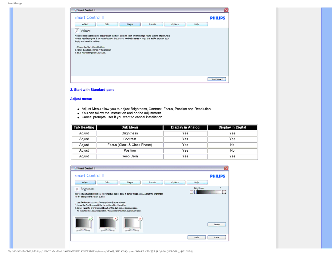 Philips 190SW9 user manual Start with Standard pane Adjust menu, Display in Digital 