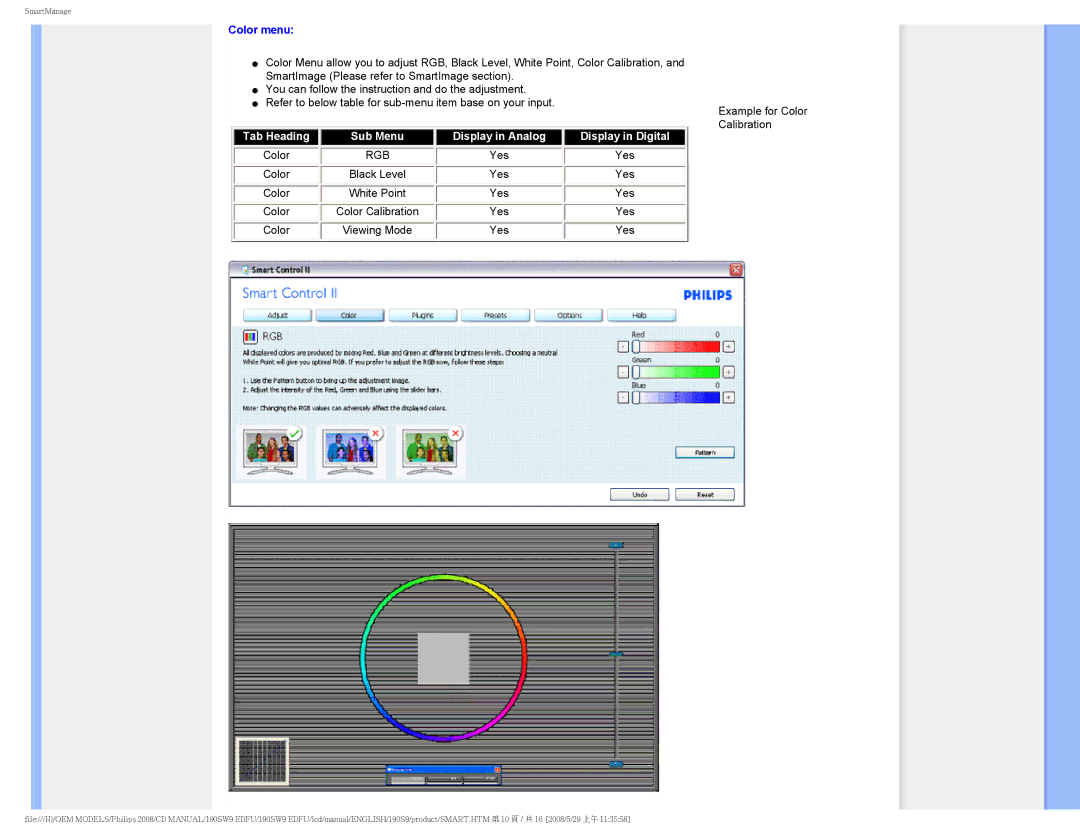 Philips 190SW9 user manual Color menu, Rgb 