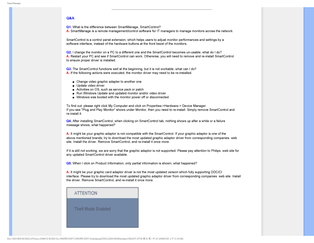 Philips 190SW9 user manual SmartManage 