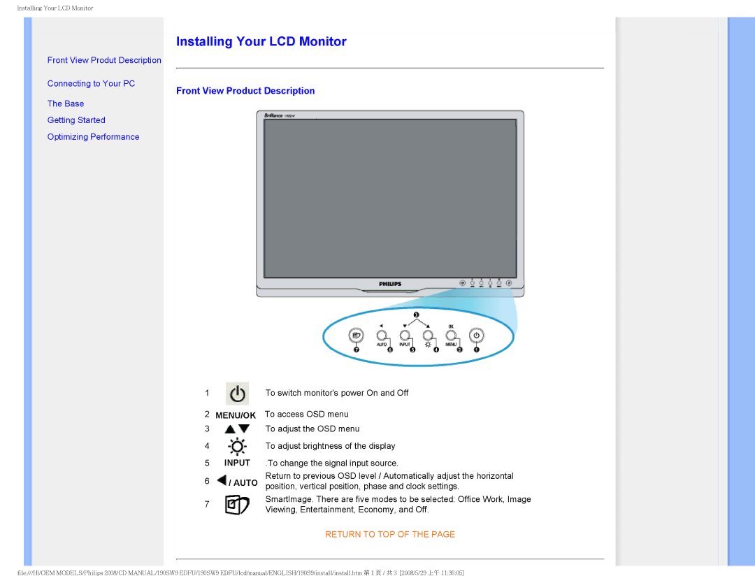 Philips 190SW9 user manual Installing Your LCD Monitor 