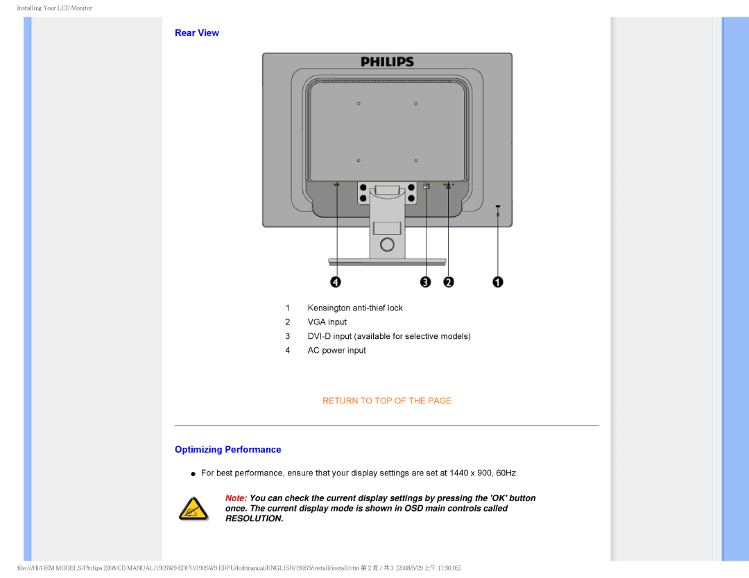 Philips 190SW9 user manual Rear View 