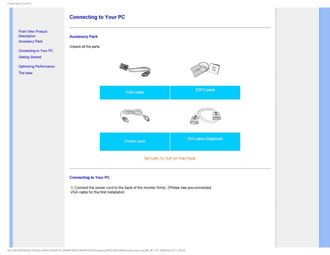 Philips 190SW9 user manual Accessory Pack, Connecting to Your PC 